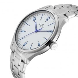 Titan workwear watch with white dial & silver metal strap