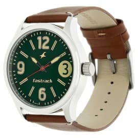 Fastrack bare basics green dial leather strap watch