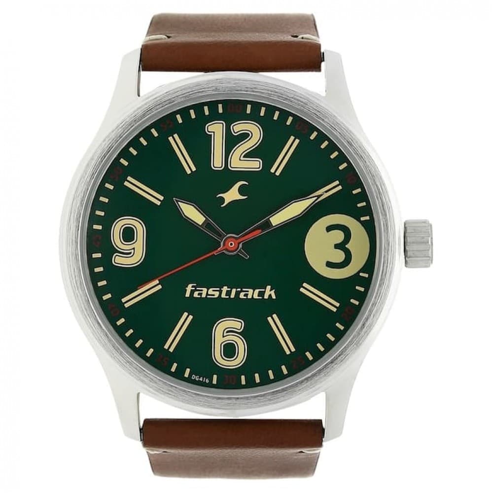 Fastrack bare basics green dial leather strap watch