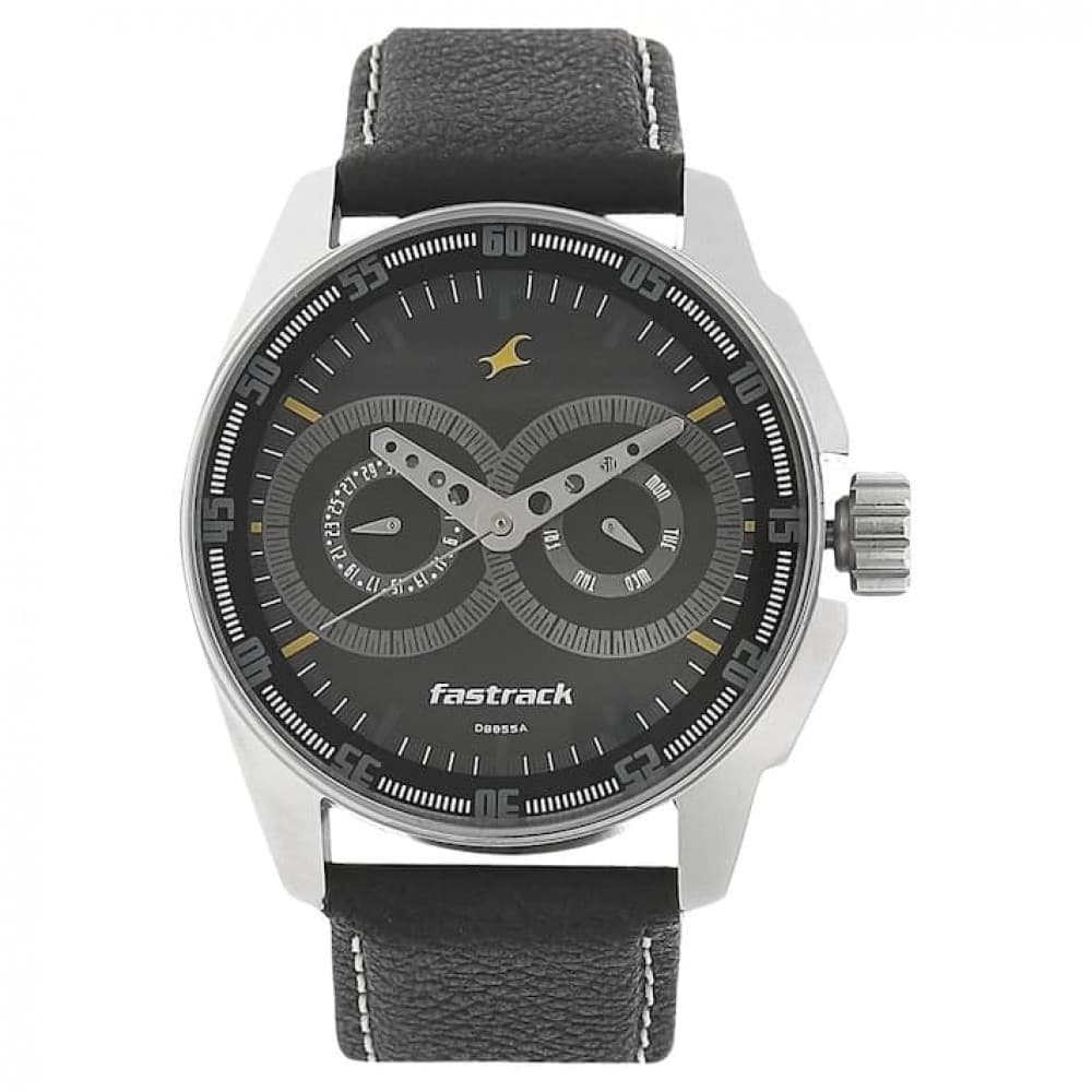 Fastrack black dial Black leather strap watch