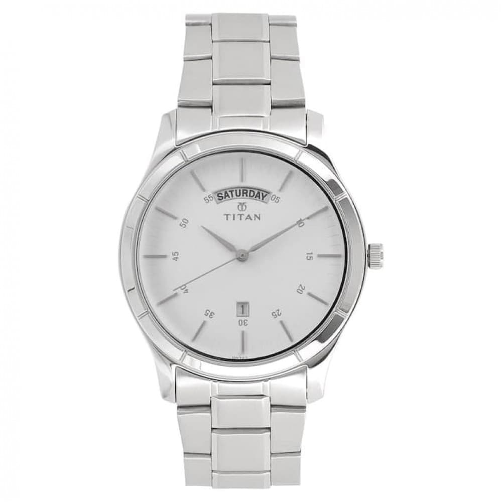 Titan workwear watch with white dial and stainless steel