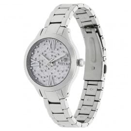 Titan purple dial silver metal strap watch