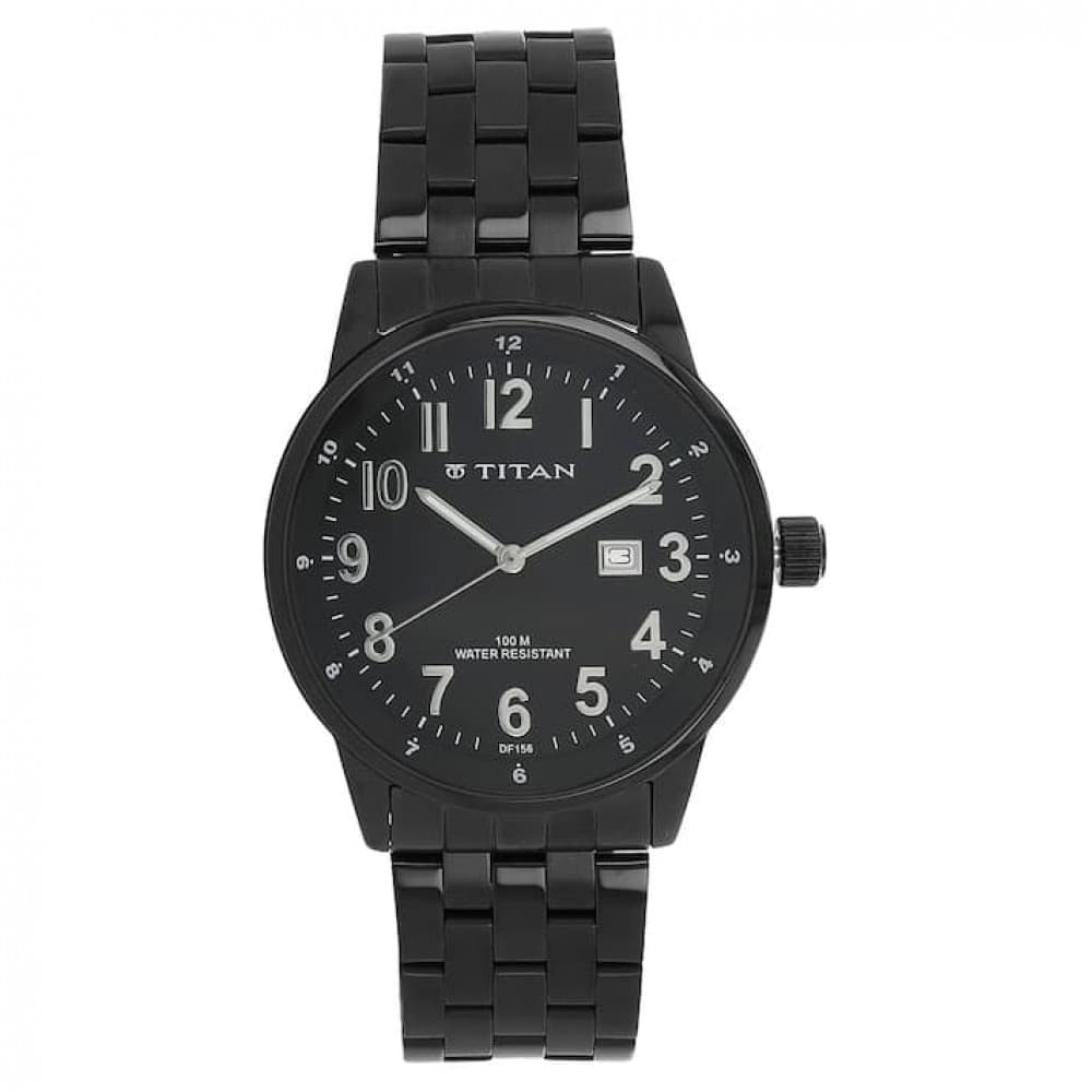 Titan black dial Black stainless steel strap watch