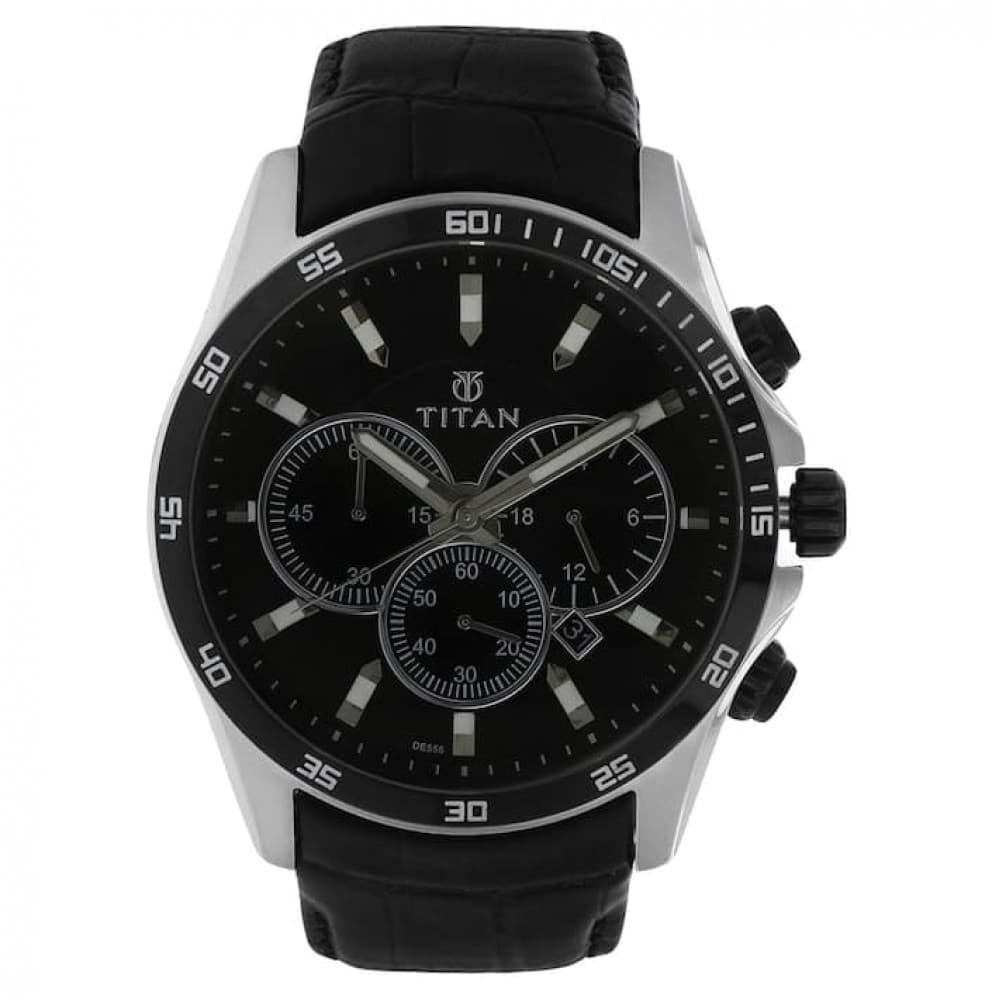 Titan black dial Black leather strap watch