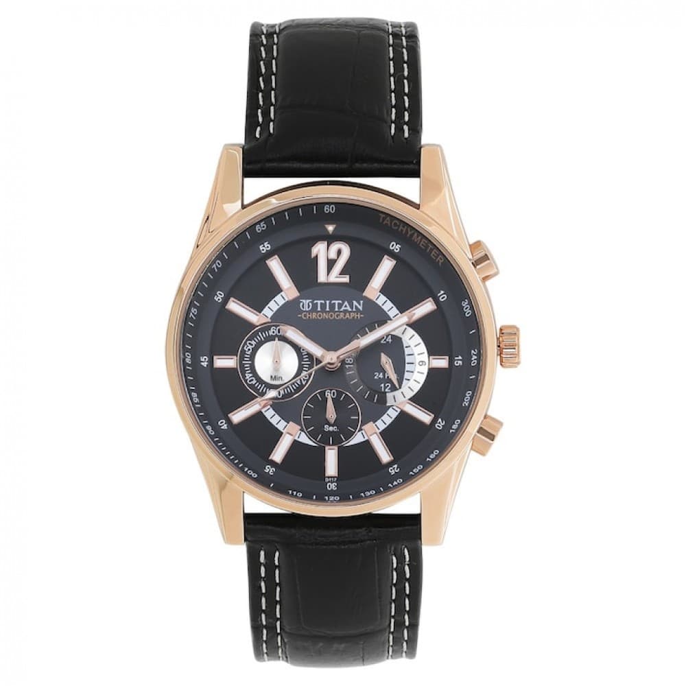 Titan octane black dial leather strap watch