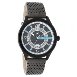 Fastrack loopholes black dial leather strap watch