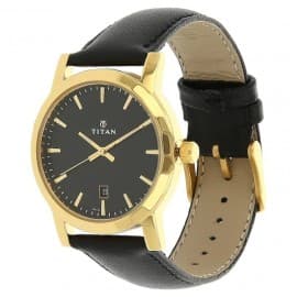 Titan black dial Black leather strap watch